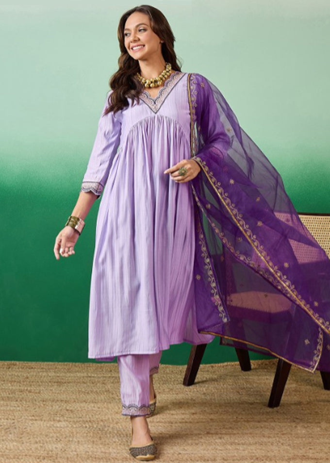 Light Purple Chanderi Embroidery Salwar Suit with Dupatta Set For Women's Trendmalls