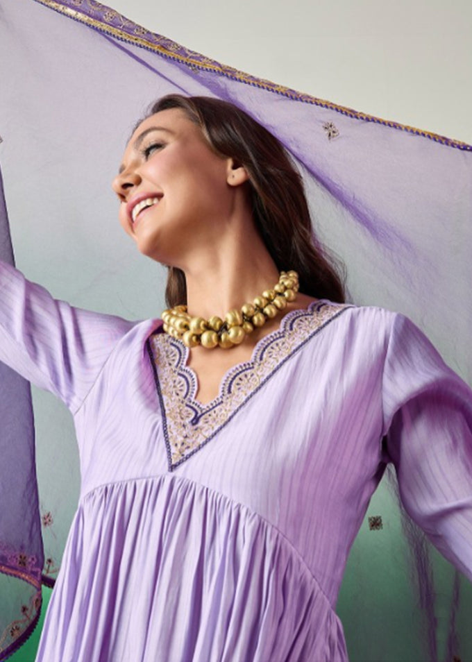 Light Purple Chanderi Embroidery Salwar Suit with Dupatta Set For Women's Trendmalls