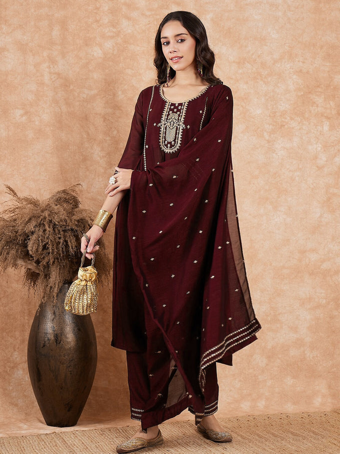 Maroon Art Silk Embroidery Salwar Suit Set for Women Trendmallsin
