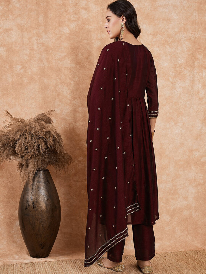 Maroon Art Silk Embroidery Salwar Suit Set for Women Trendmallsin