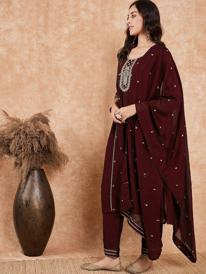 Maroon Art Silk Embroidery Salwar Suit Set for Women Trendmallsin
