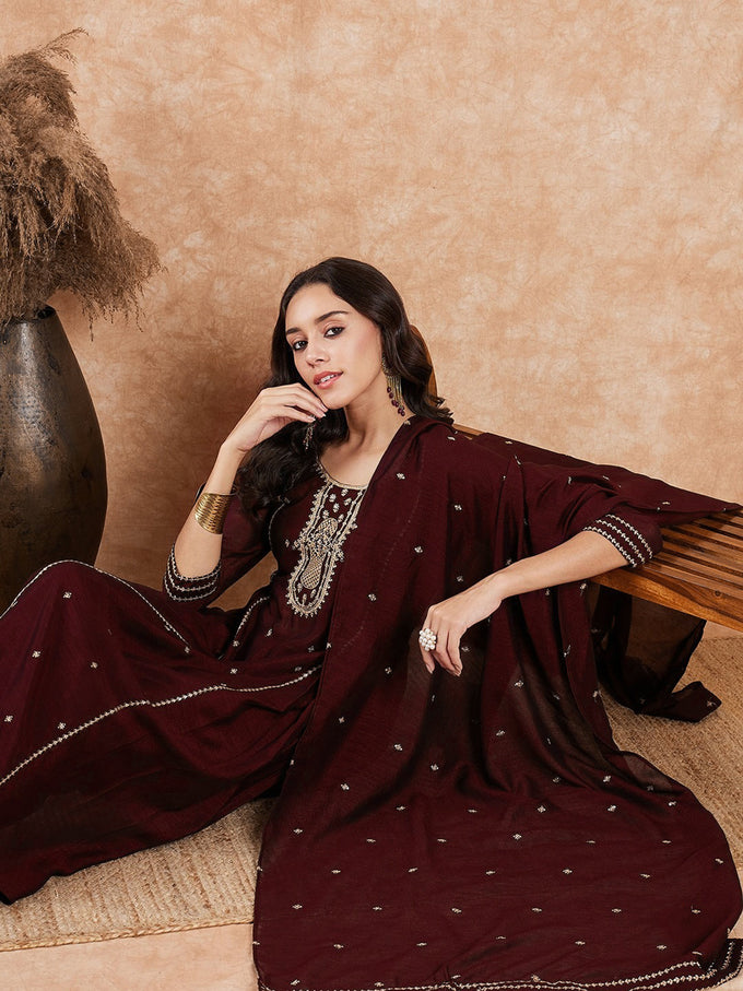 Maroon Art Silk Embroidery Salwar Suit Set for Women Trendmallsin