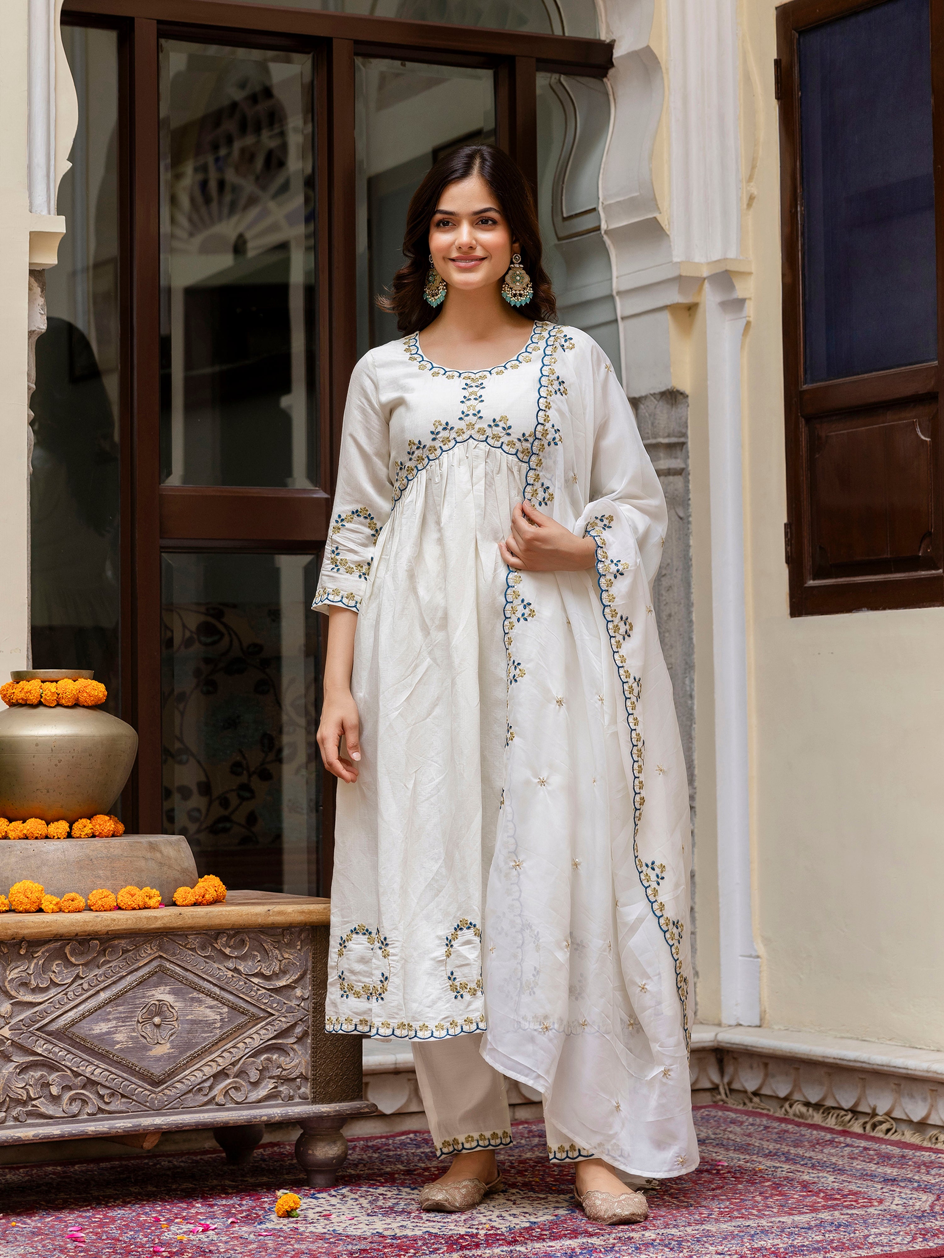 White Chanderi Silk Embroidery A line Alia Cut Salwar Suit Set  with Dupatta For Women's Trendmallsin
