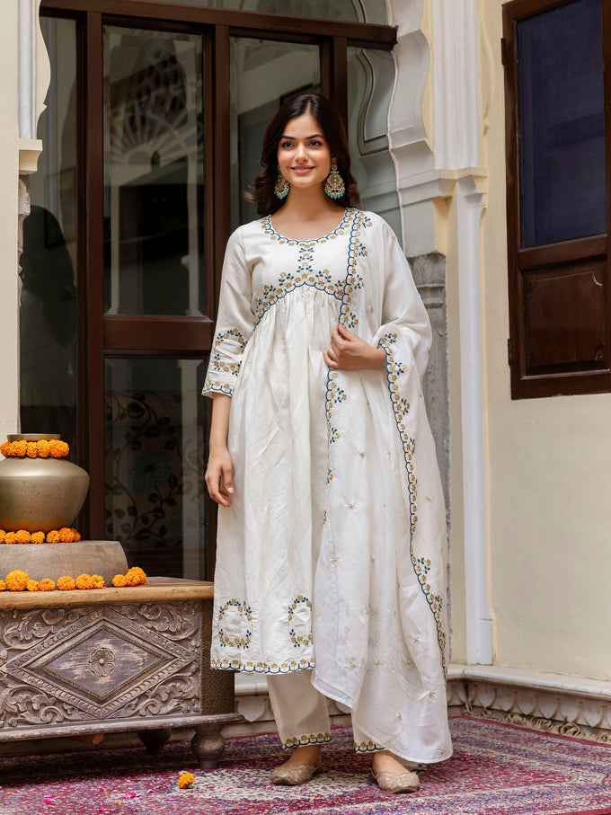 White Chanderi Silk Embroidery A line Alia Cut Salwar Suit Set  with Dupatta For Women's Trendmallsin