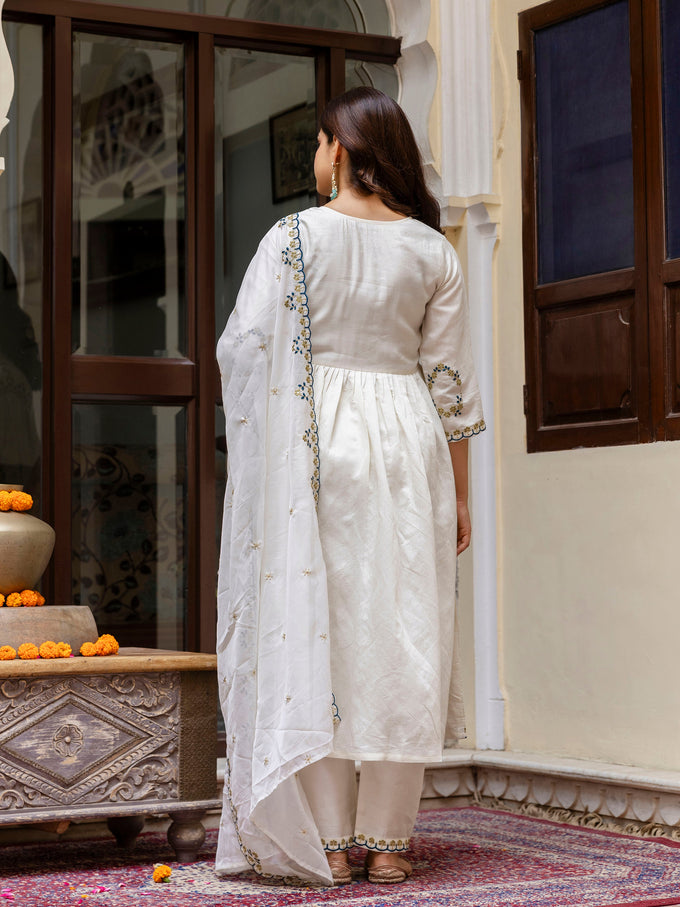 White Chanderi Silk Embroidery A line Alia Cut Salwar Suit Set  with Dupatta For Women's Trendmallsin