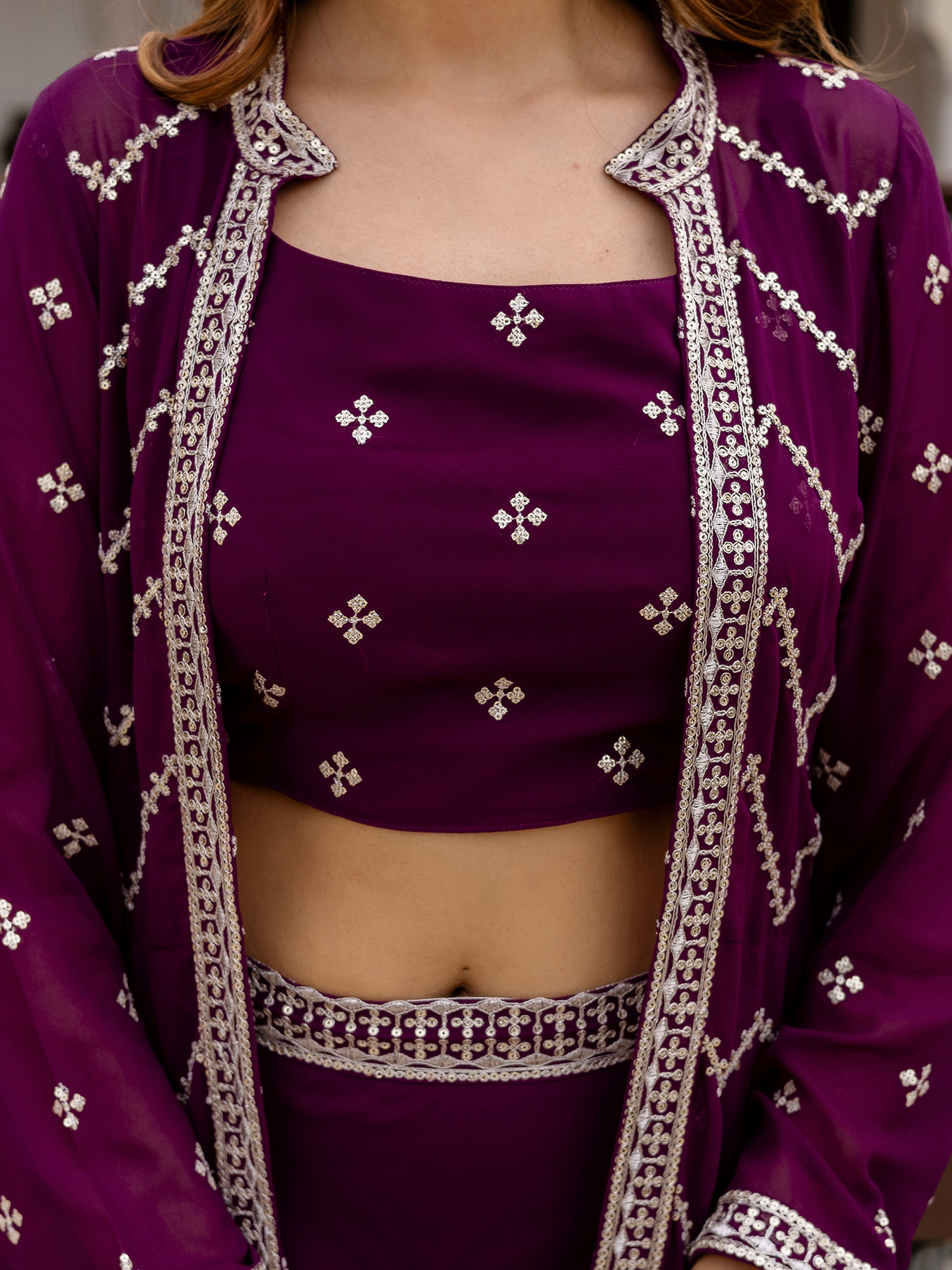 Georgette Embroidery Crop Top Shrug Lehenga Set for Women Trendmallsin
