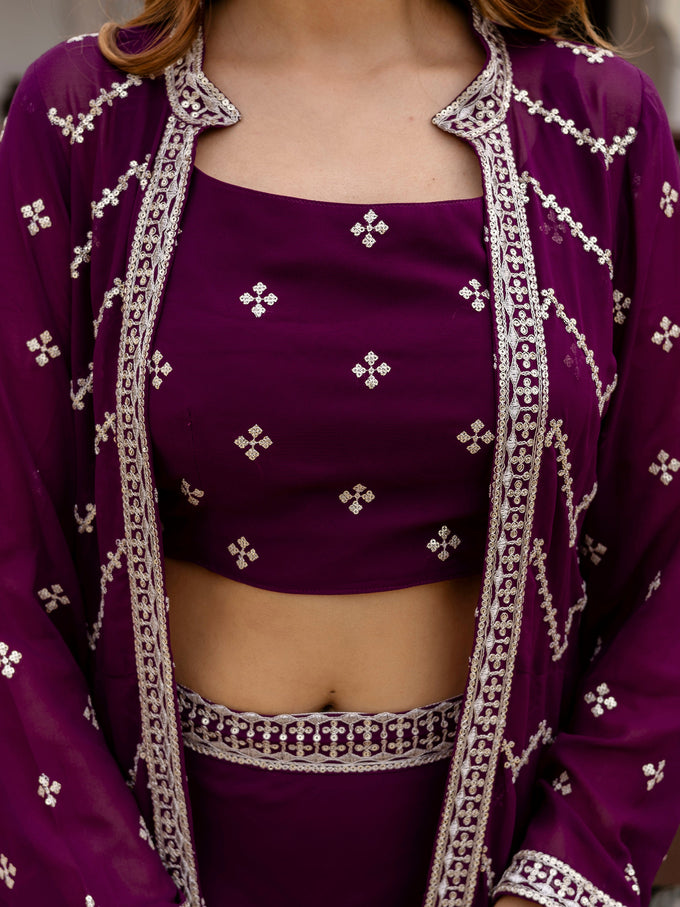 Georgette Embroidery Crop Top Shrug Lehenga Set for Women Trendmallsin