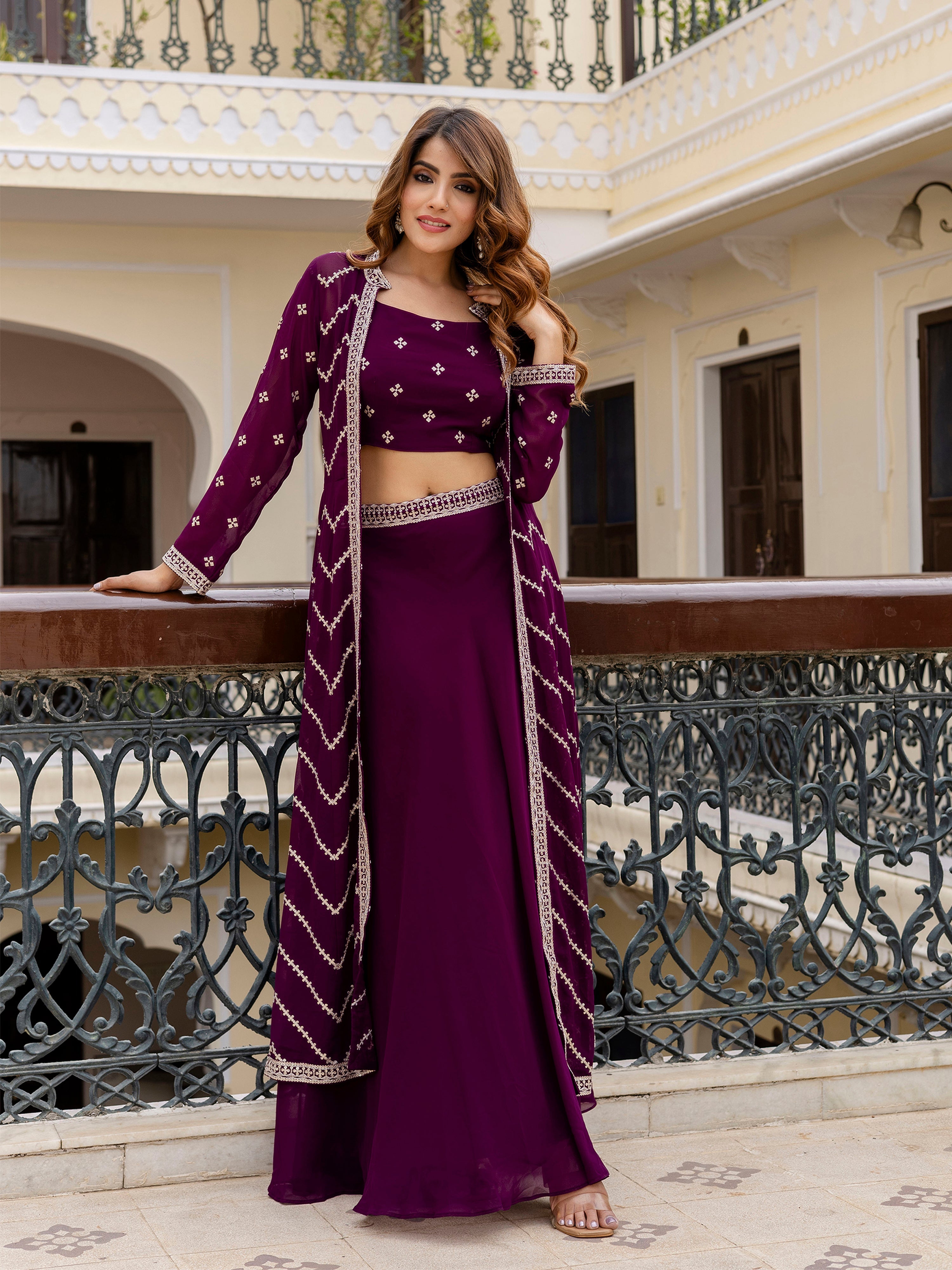 Georgette Embroidery Crop Top Shrug Lehenga Set for Women Trendmallsin