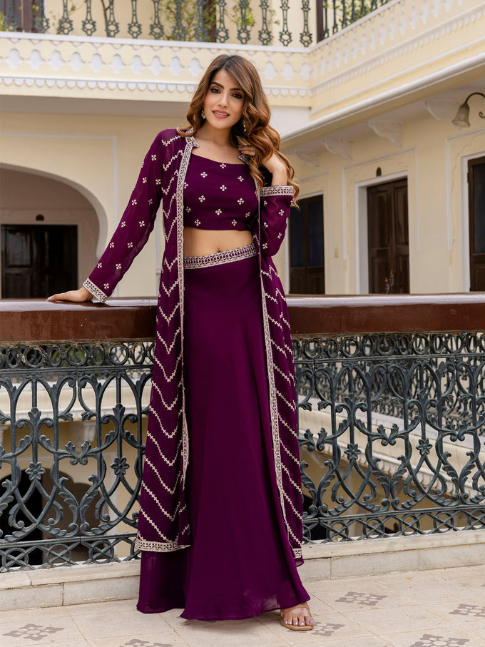 Georgette Embroidery Crop Top Shrug Lehenga Set for Women Trendmallsin