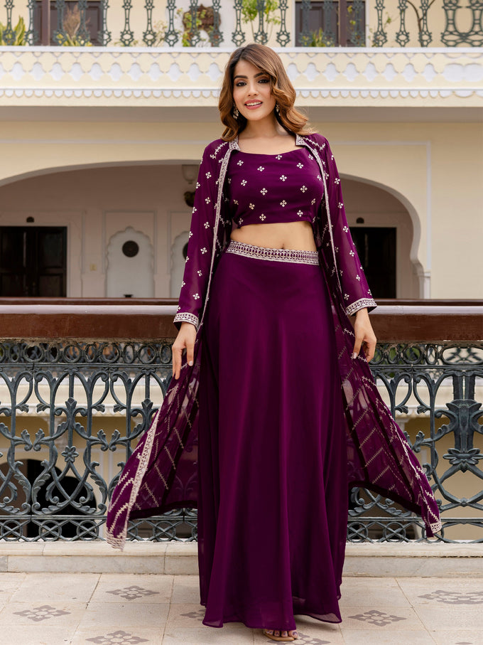 Georgette Embroidery Crop Top Shrug Lehenga Set for Women Trendmallsin