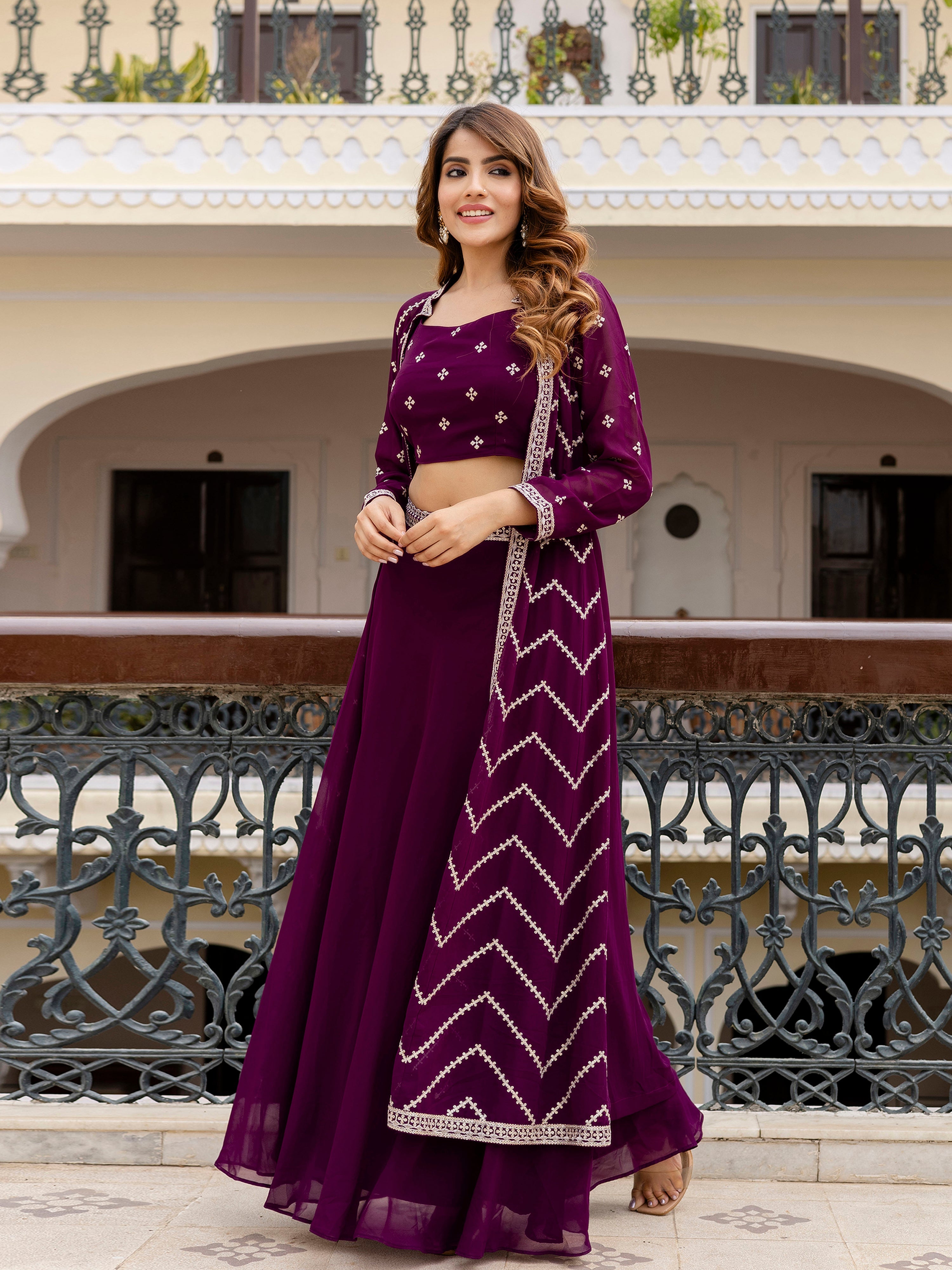 Georgette Embroidery Crop Top Shrug Lehenga Set for Women Trendmallsin