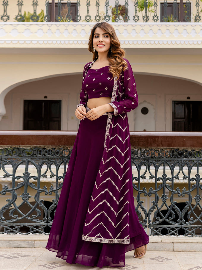 Georgette Embroidery Crop Top Shrug Lehenga Set for Women Trendmallsin