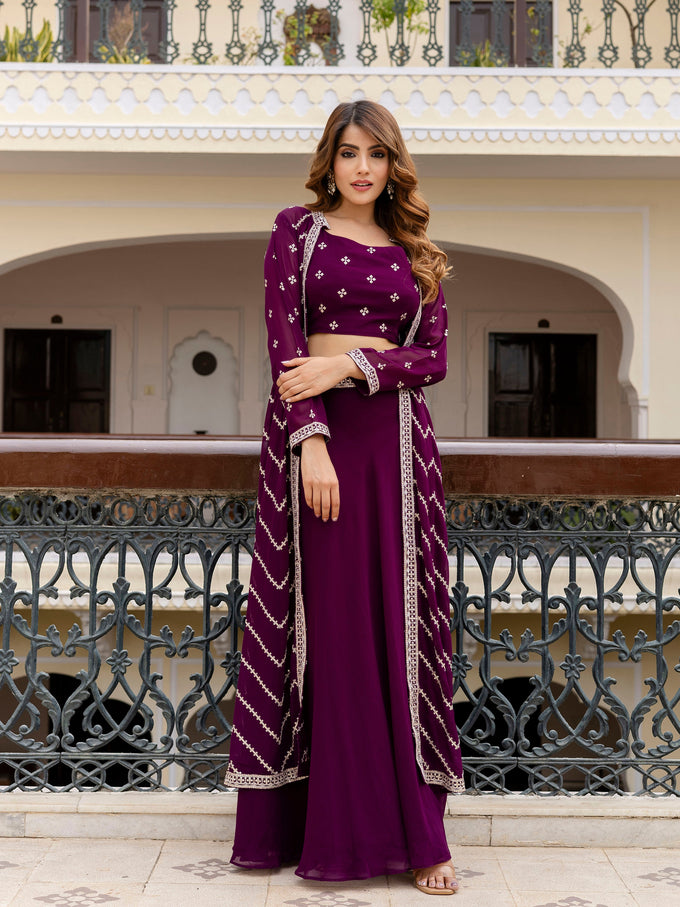 Georgette Embroidery Crop Top Shrug Lehenga Set for Women Trendmallsin