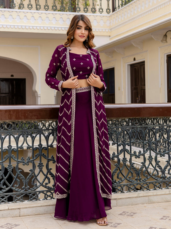 Georgette Embroidery Crop Top Shrug Lehenga Set for Women Trendmallsin