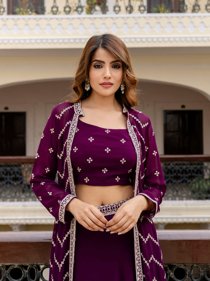 Georgette Embroidery Crop Top Shrug Lehenga Set for Women Trendmallsin