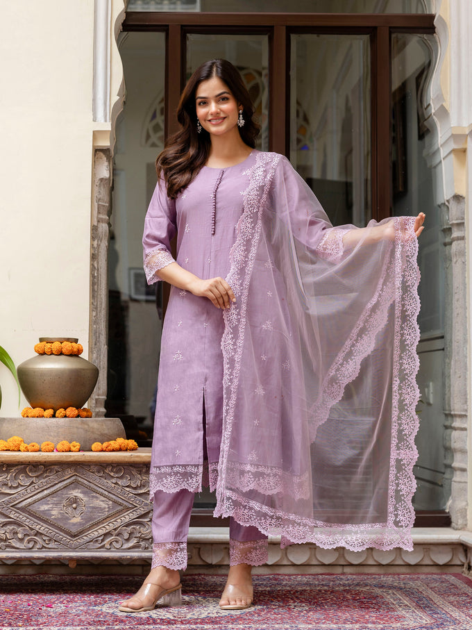 Light Purpel Art Silk Embroidery A line Salwar Suit with Dupatta  Set For Woman's Trendmallsin