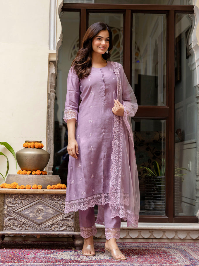 Light Purpel Art Silk Embroidery A line Salwar Suit with Dupatta  Set For Woman's Trendmallsin