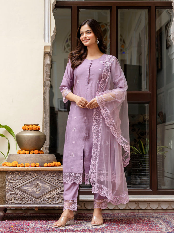 Light Purpel Art Silk Embroidery A line Salwar Suit with Dupatta  Set For Woman's Trendmallsin