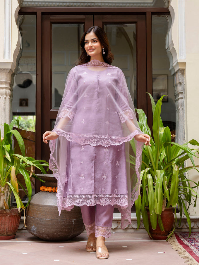 Light Purpel Art Silk Embroidery A line Salwar Suit with Dupatta  Set For Woman's Trendmallsin