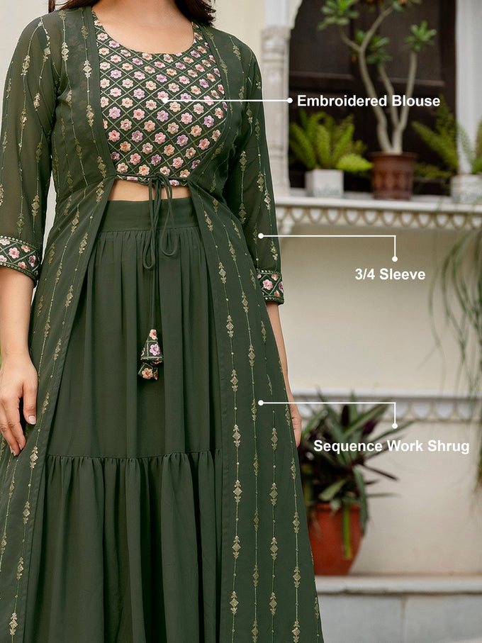 Women's Georgette Sequin Embroidery Crop Top Lehenga with Shrug Suit Set Ethnic Fusion Wear Trendmallsin