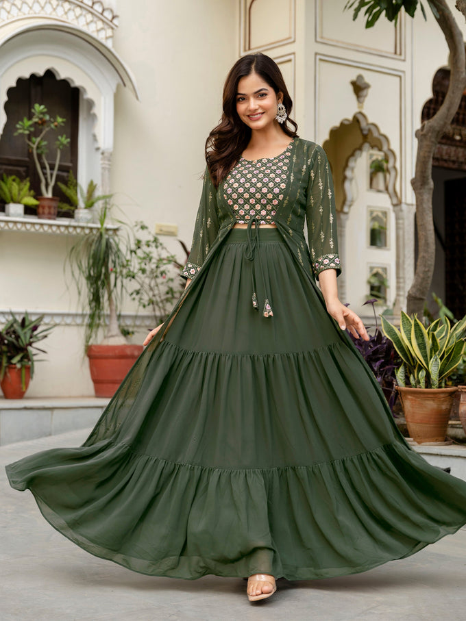 Women's Georgette Sequin Embroidery Crop Top Lehenga with Shrug Suit Set Ethnic Fusion Wear Trendmallsin