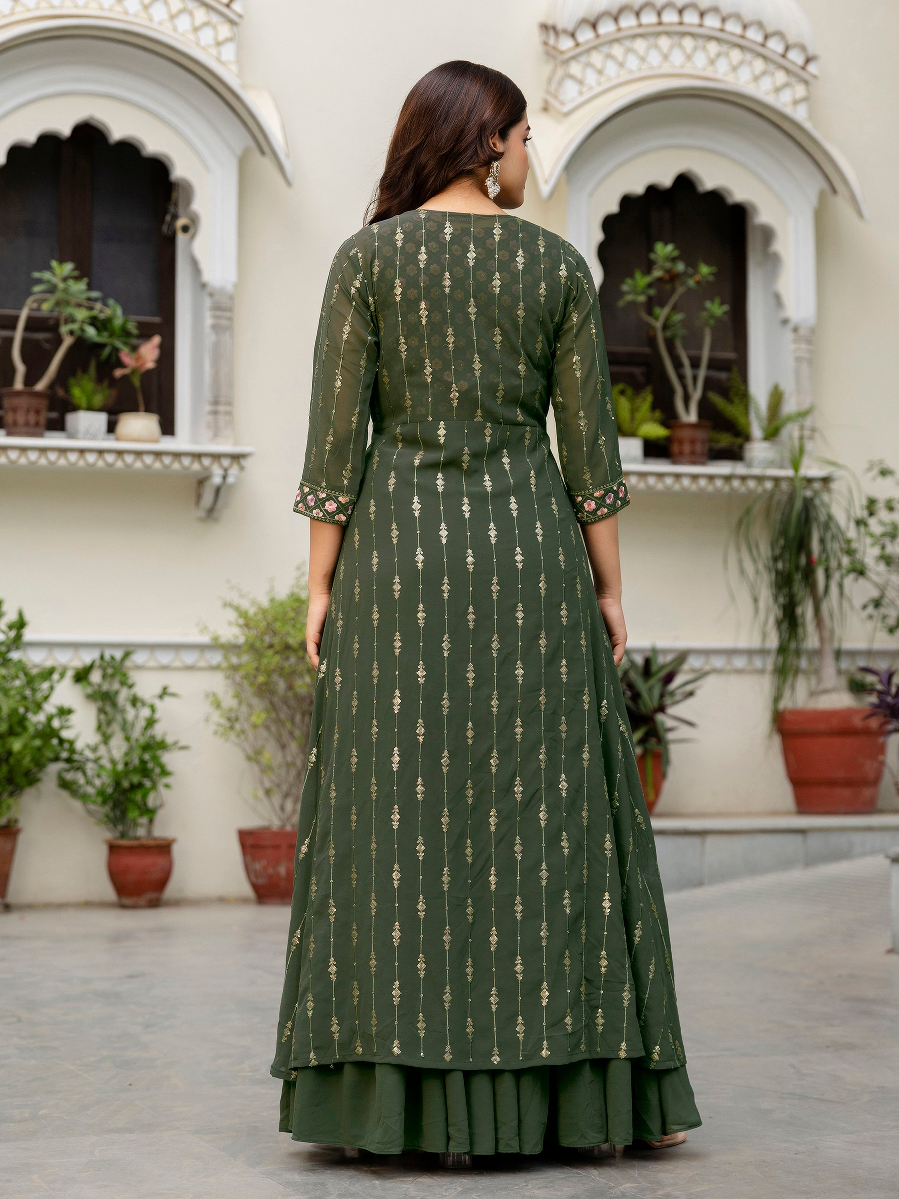 Women's Georgette Sequin Embroidery Crop Top Lehenga with Shrug Suit Set Ethnic Fusion Wear Trendmallsin