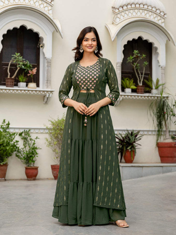 Women's Georgette Sequin Embroidery Crop Top Lehenga with Shrug Suit Set Ethnic Fusion Wear Trendmallsin