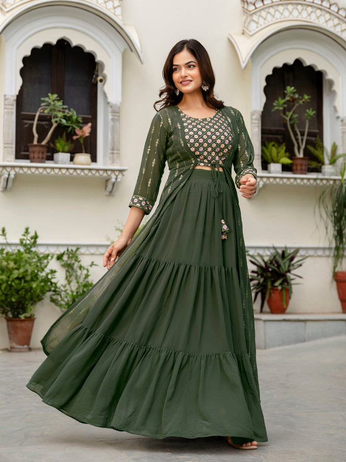 Women's Georgette Sequin Embroidery Crop Top Lehenga with Shrug Suit Set Ethnic Fusion Wear Trendmallsin