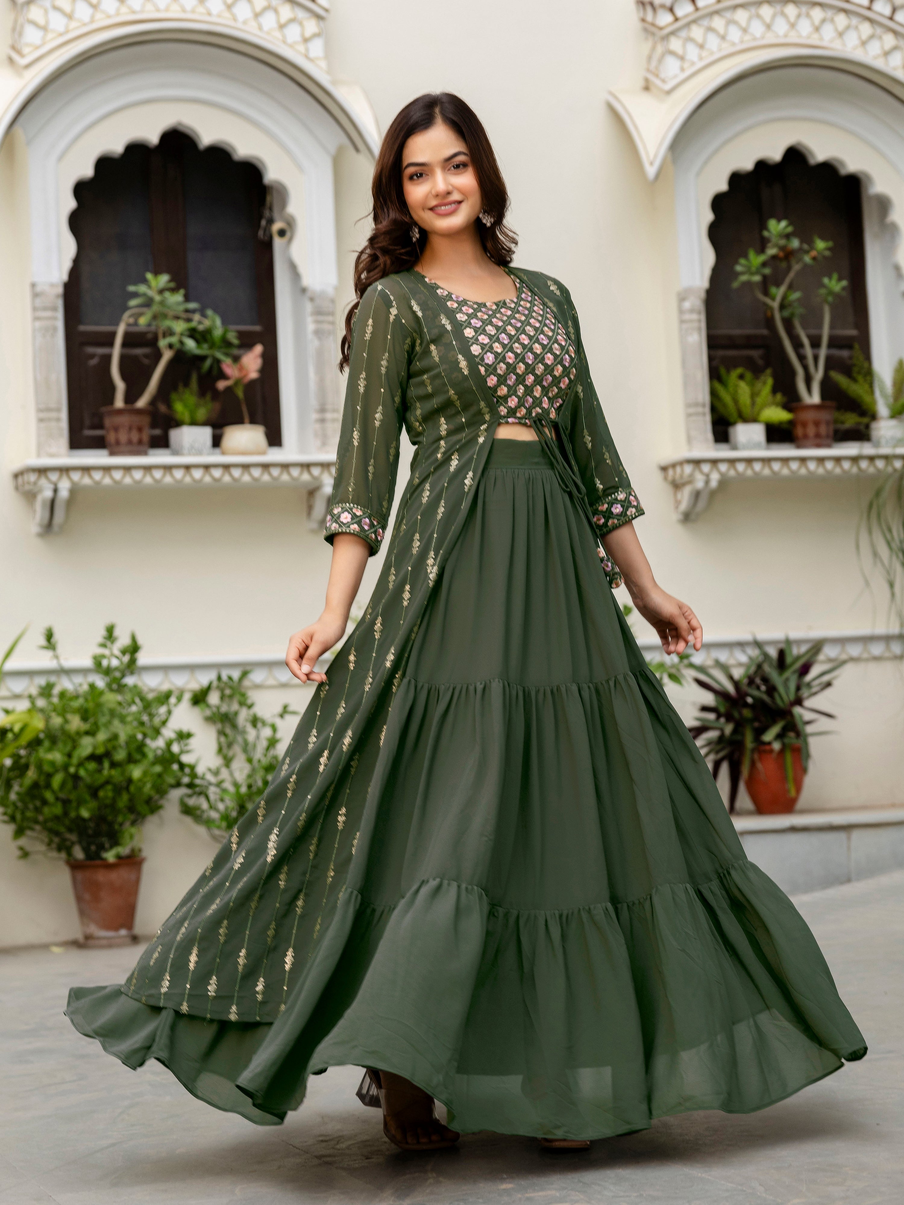 Women's Georgette Sequin Embroidery Crop Top Lehenga with Shrug Suit Set Ethnic Fusion Wear Trendmallsin