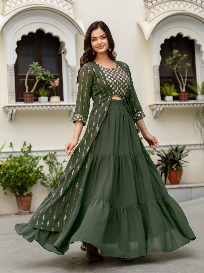 Women's Georgette Sequin Embroidery Crop Top Lehenga with Shrug Suit Set Ethnic Fusion Wear Trendmallsin