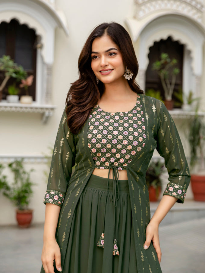 Women's Georgette Sequin Embroidery Crop Top Lehenga with Shrug Suit Set Ethnic Fusion Wear Trendmallsin