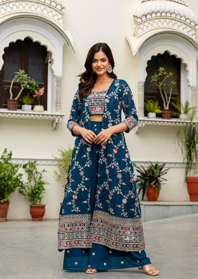 Women's Georgette Embroidery Crop Top with Flared Palazzo and Shrug Set Trendmallsin