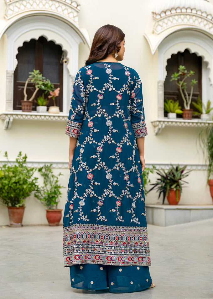 Women's Georgette Embroidery Crop Top with Flared Palazzo and Shrug Set Trendmallsin