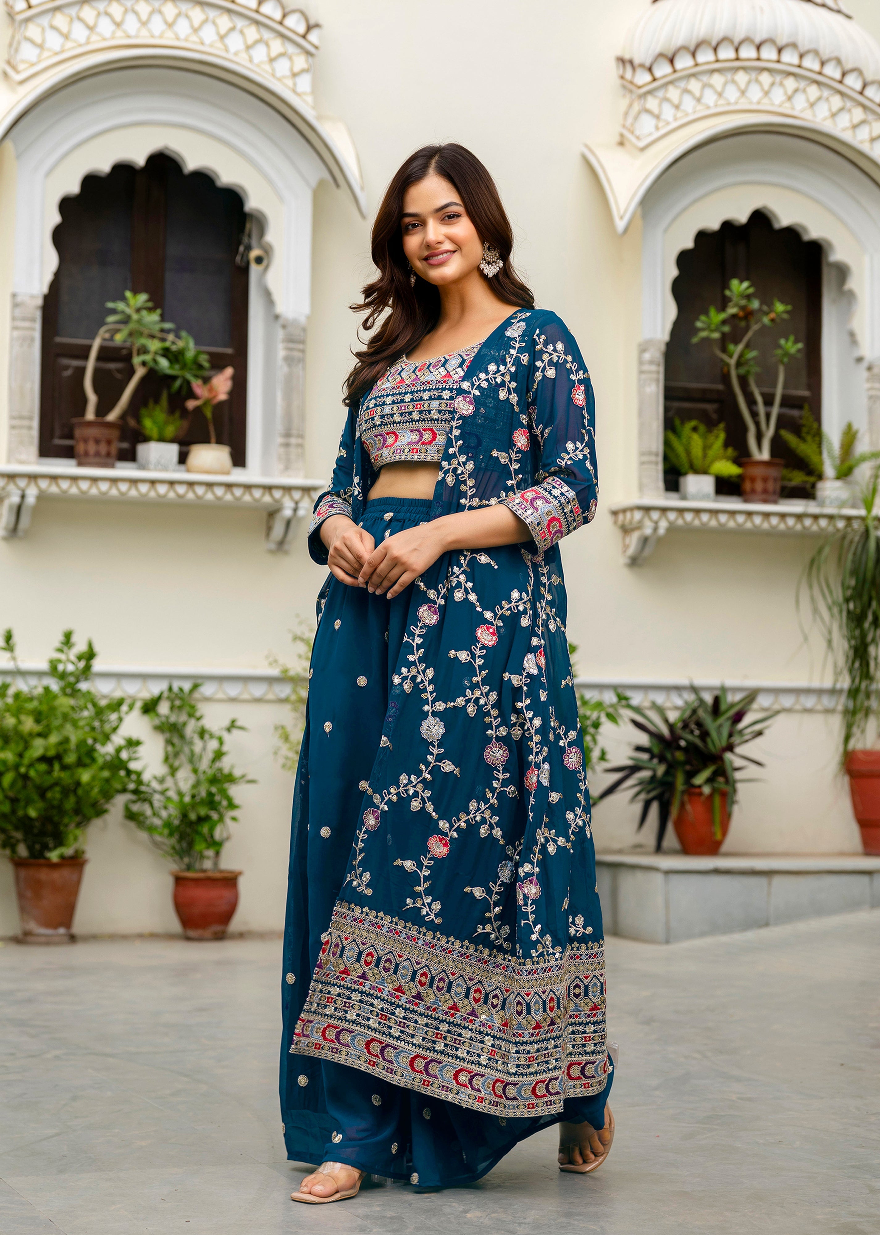 Women's Georgette Embroidery Crop Top with Flared Palazzo and Shrug Set Trendmallsin