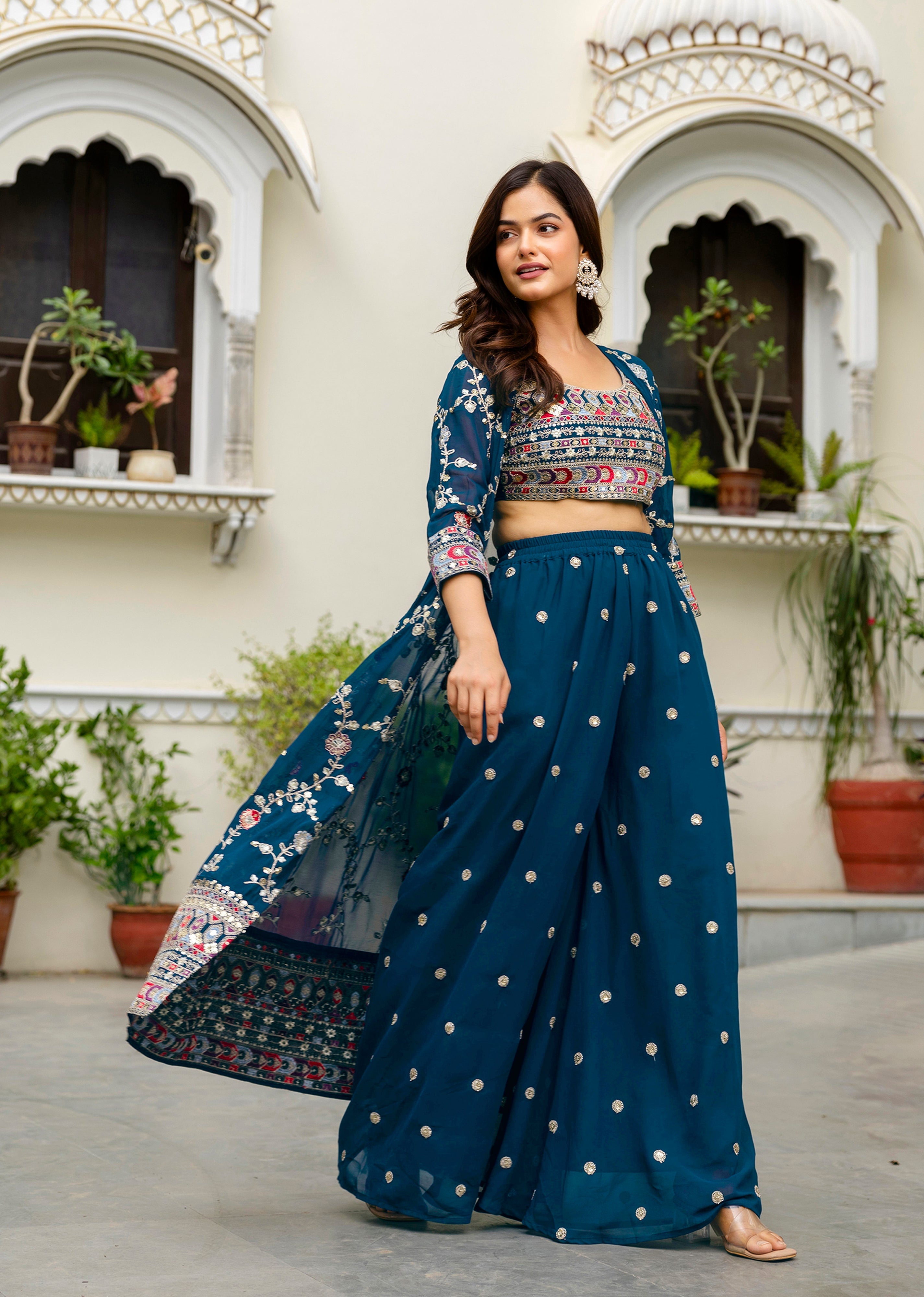 Women's Georgette Embroidery Crop Top with Flared Palazzo and Shrug Set Trendmallsin