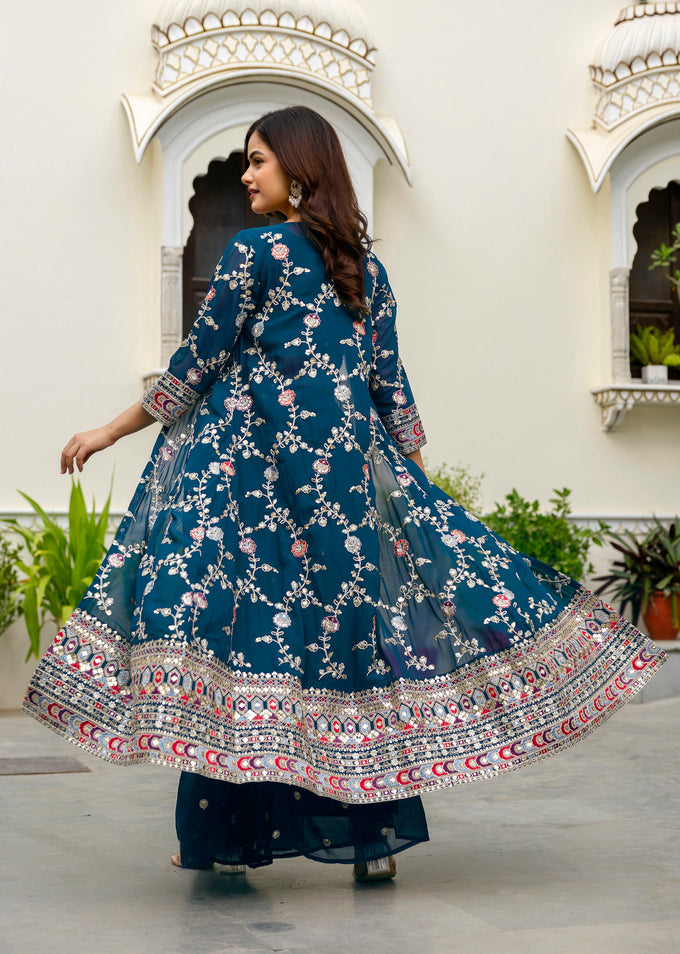 Women's Georgette Embroidery Crop Top with Flared Palazzo and Shrug Set Trendmallsin
