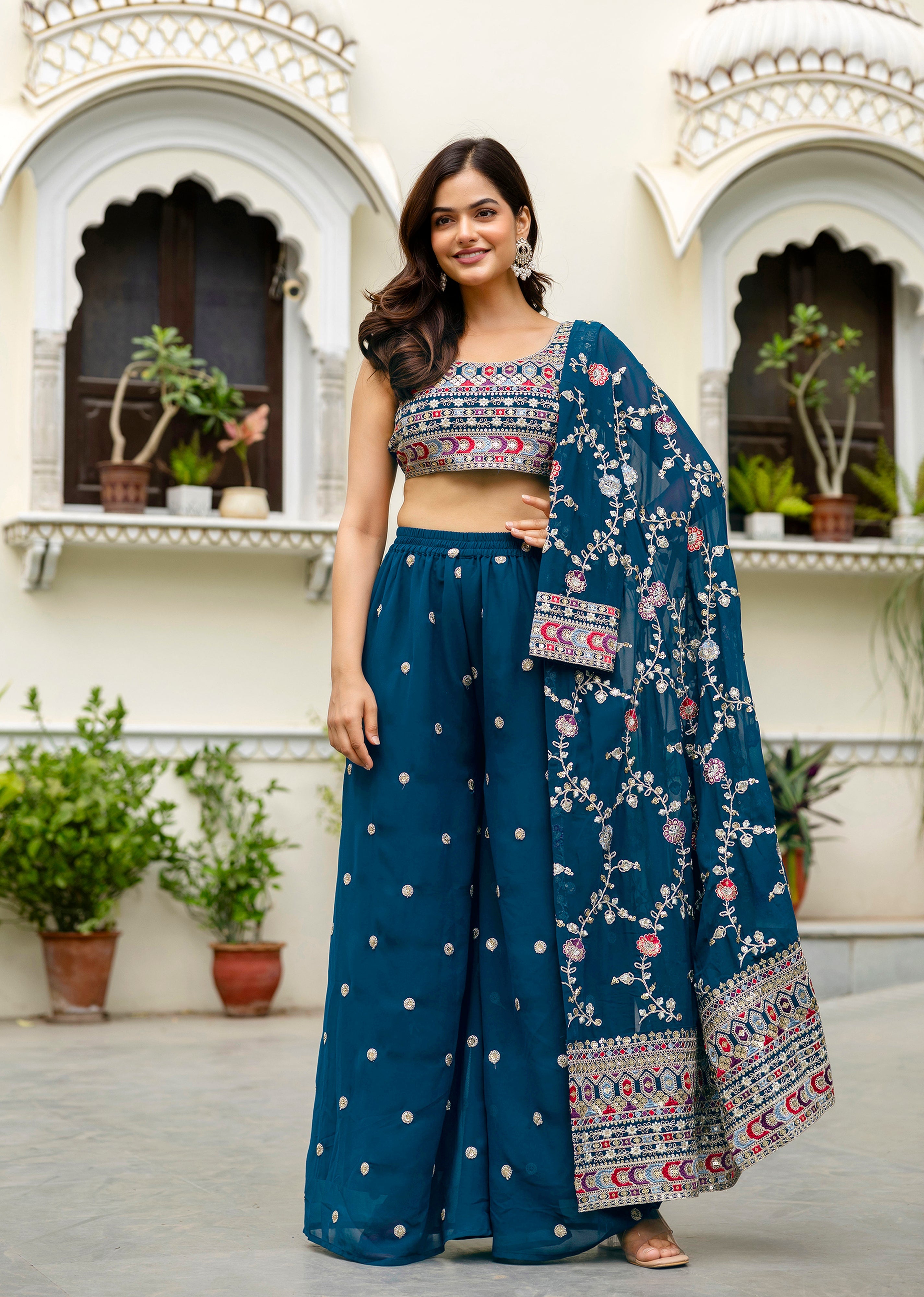 Women's Georgette Embroidery Crop Top with Flared Palazzo and Shrug Set Trendmallsin