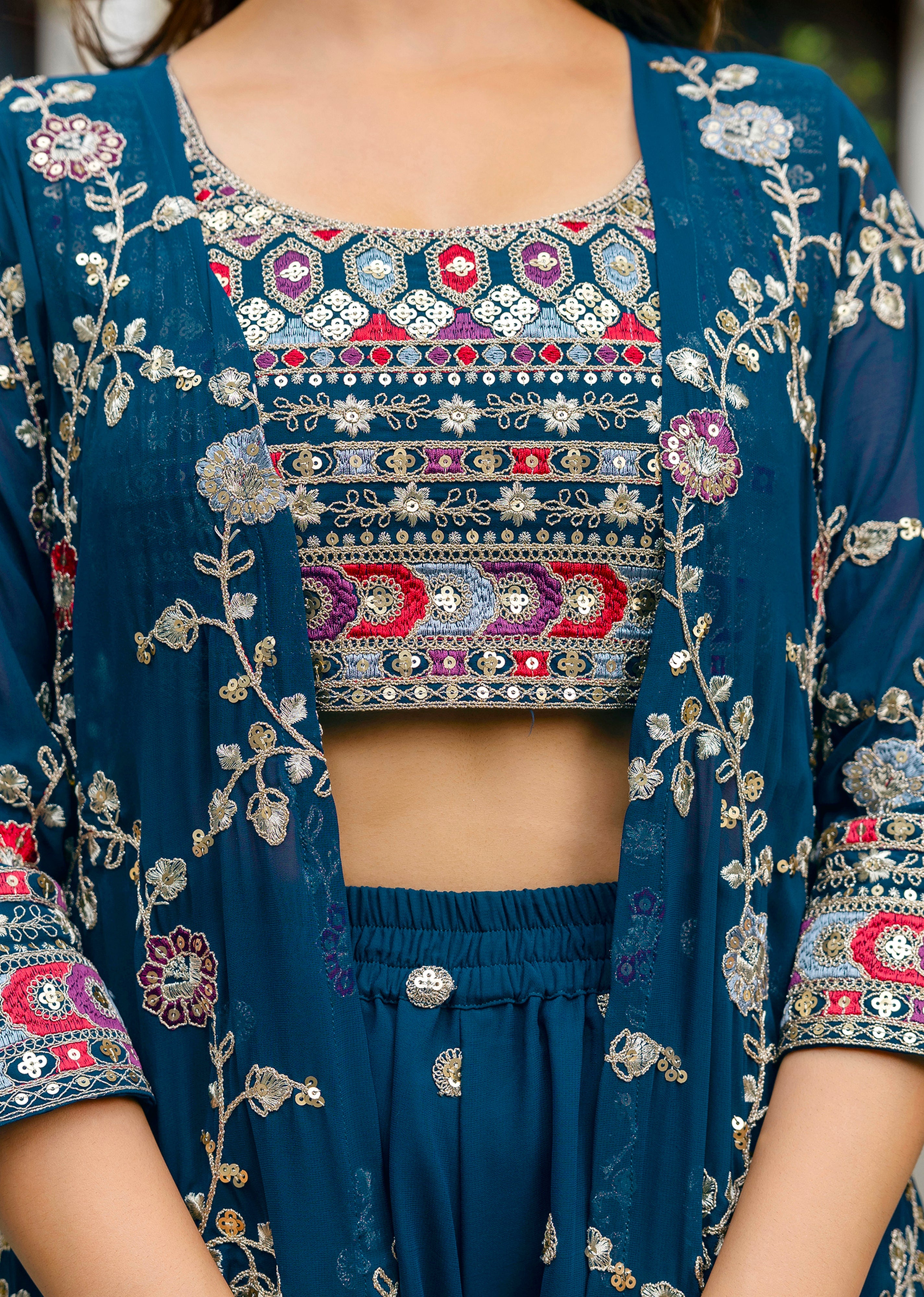 Women's Georgette Embroidery Crop Top with Flared Palazzo and Shrug Set Trendmallsin