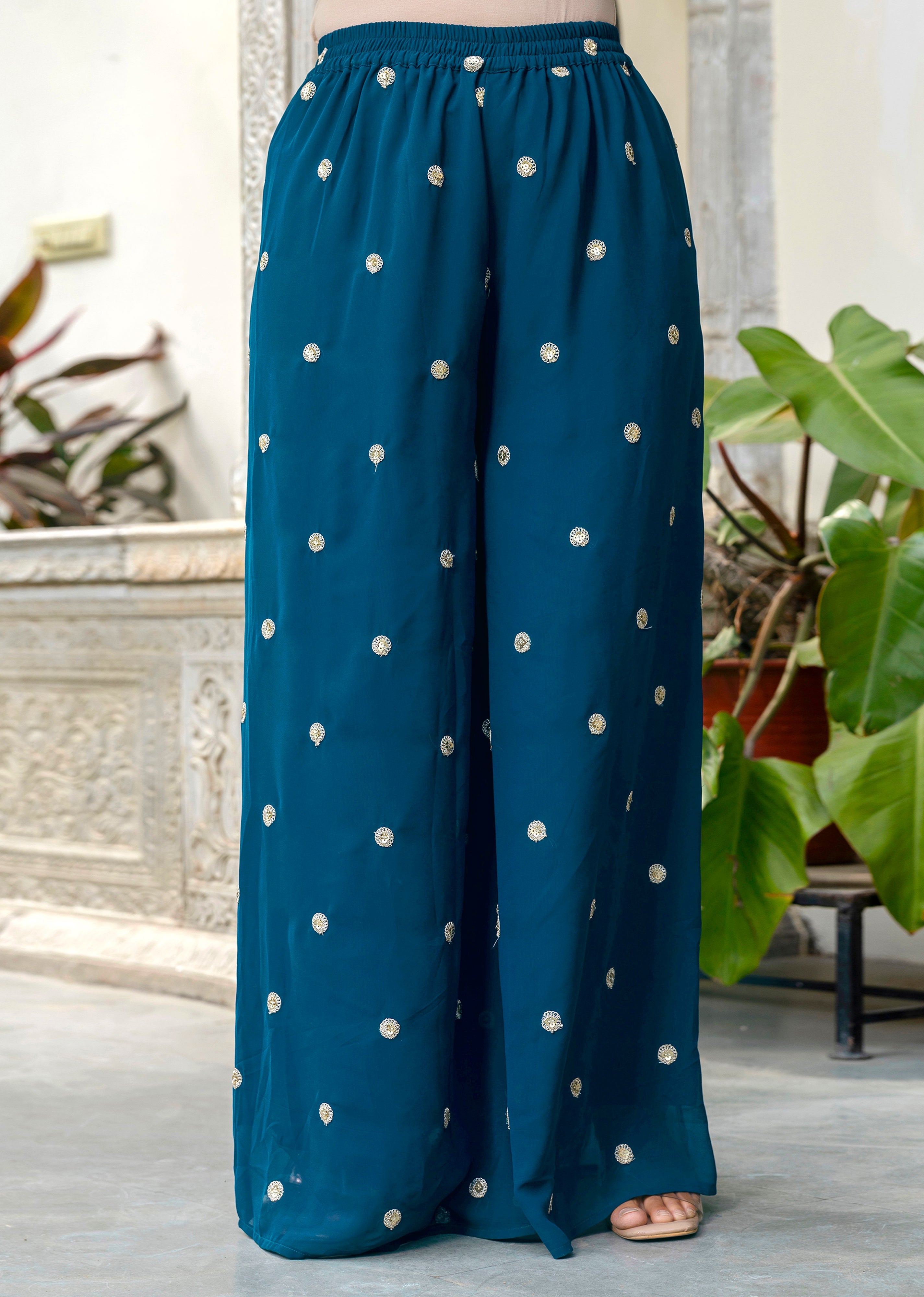 Women's Georgette Embroidery Crop Top with Flared Palazzo and Shrug Set Trendmallsin