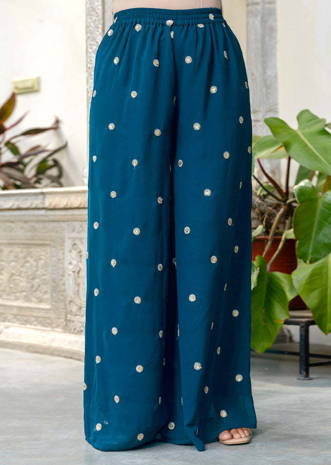 Women's Georgette Embroidery Crop Top with Flared Palazzo and Shrug Set Trendmallsin