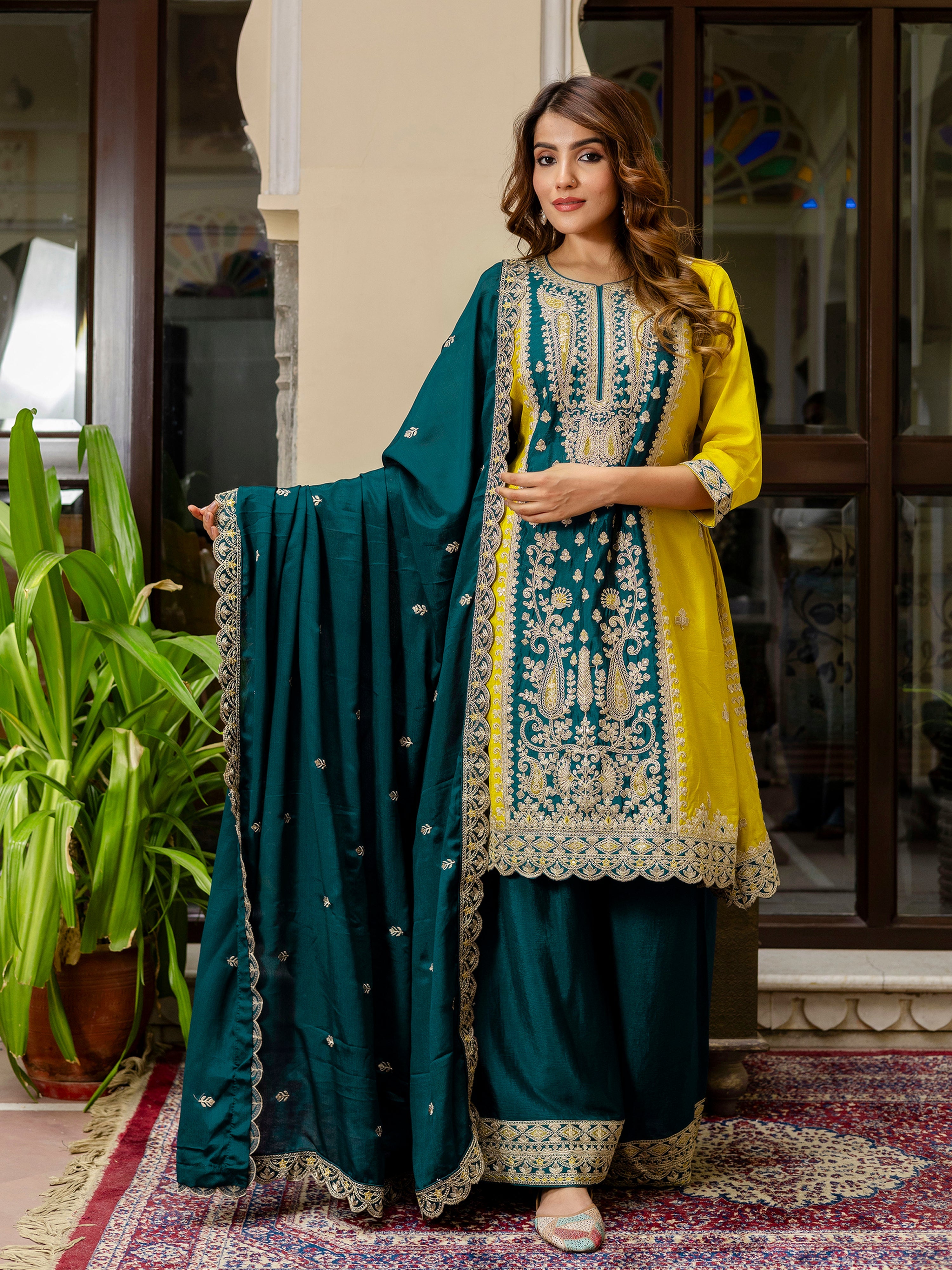 Women's Art Silk Sequins Embroidery Salwar Suit Set Kurta Sharara with Dupatta Kurta Palazzo Set Trendmallsin