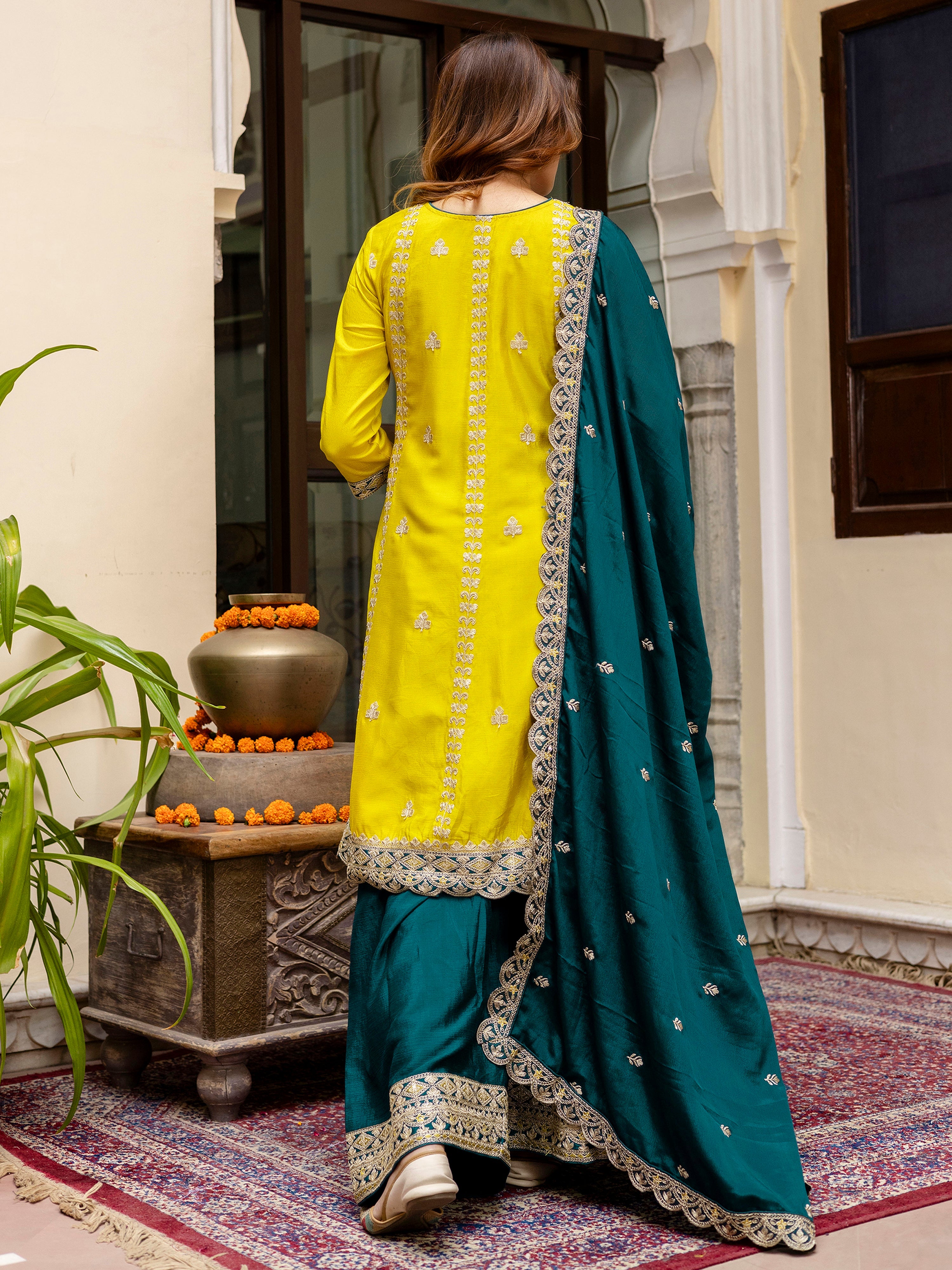 Women's Art Silk Sequins Embroidery Salwar Suit Set Kurta Sharara with Dupatta Kurta Palazzo Set Trendmallsin