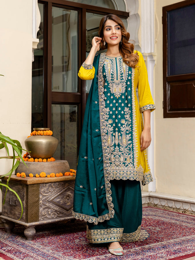 Women's Art Silk Sequins Embroidery Salwar Suit Set Kurta Sharara with Dupatta Kurta Palazzo Set Trendmallsin