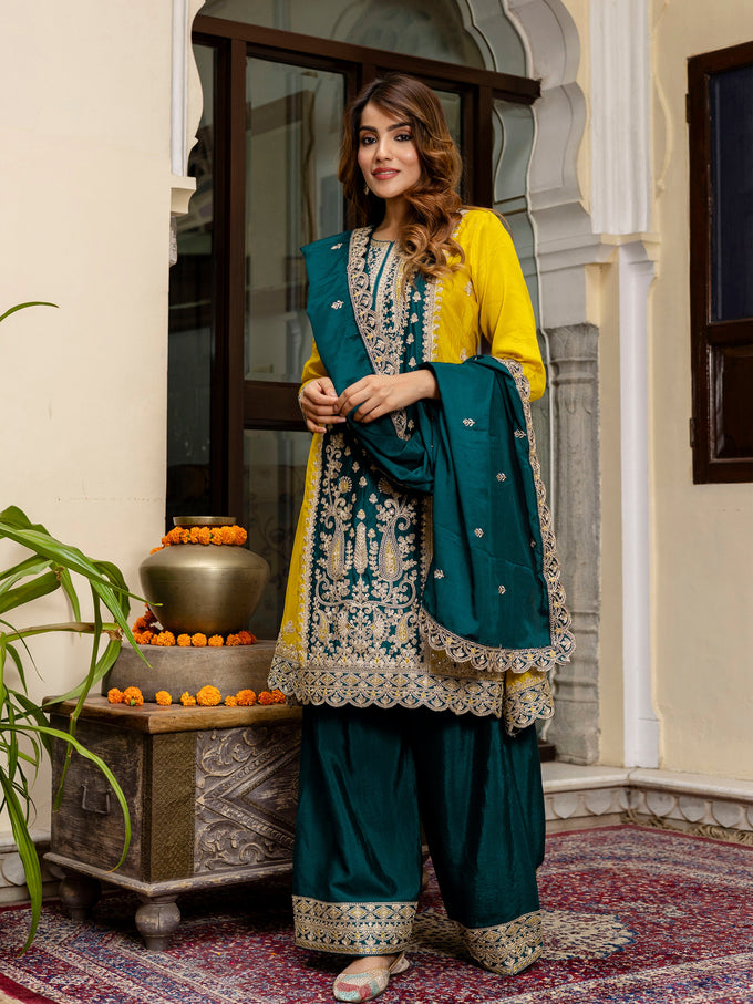 Women's Art Silk Sequins Embroidery Salwar Suit Set Kurta Sharara with Dupatta Kurta Palazzo Set Trendmallsin