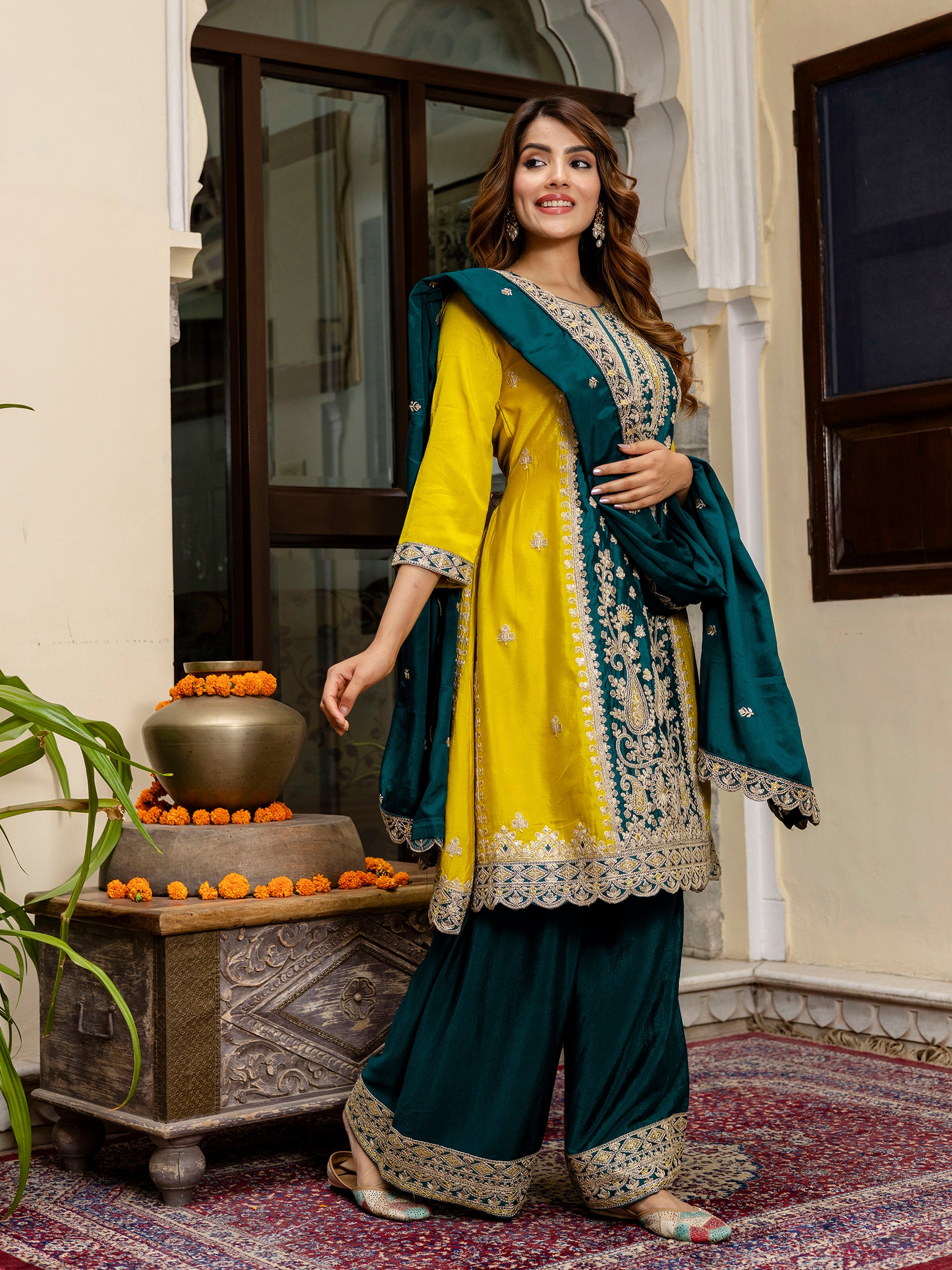 Women's Art Silk Sequins Embroidery Salwar Suit Set Kurta Sharara with Dupatta Kurta Palazzo Set Trendmallsin