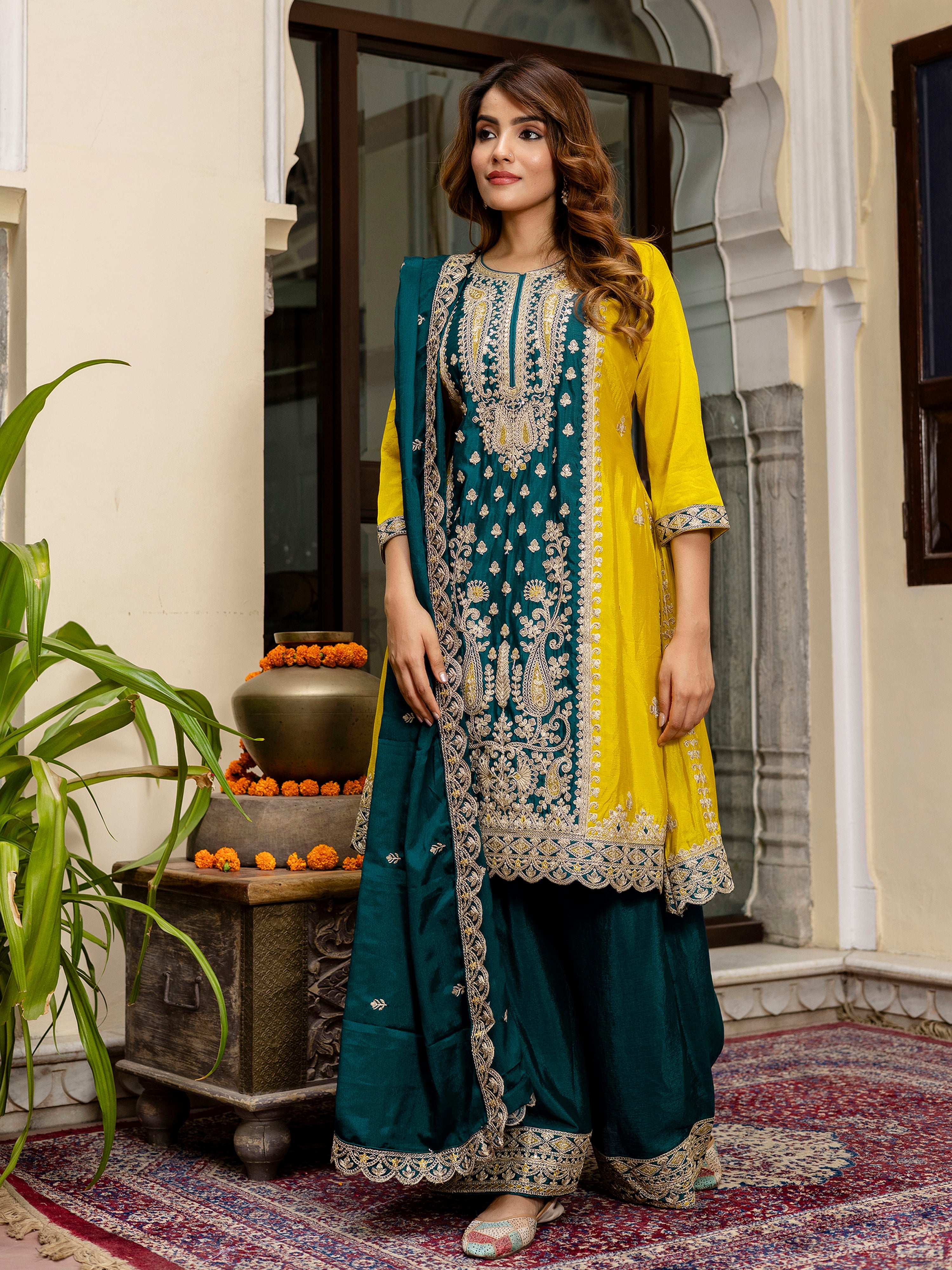 Women's Art Silk Sequins Embroidery Salwar Suit Set Kurta Sharara with Dupatta Kurta Palazzo Set Trendmallsin