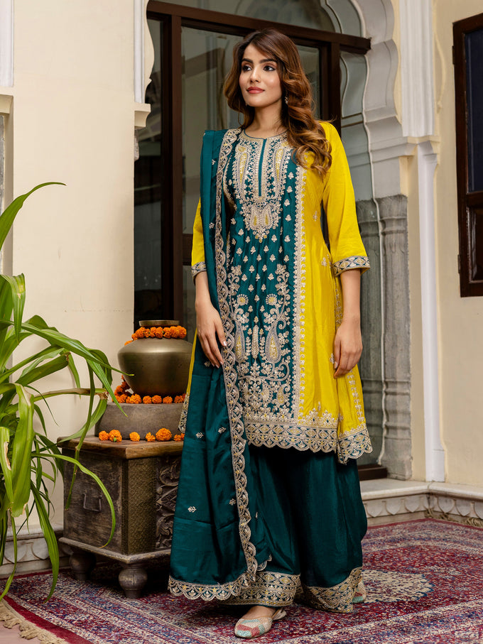 Women's Art Silk Sequins Embroidery Salwar Suit Set Kurta Sharara with Dupatta Kurta Palazzo Set Trendmallsin