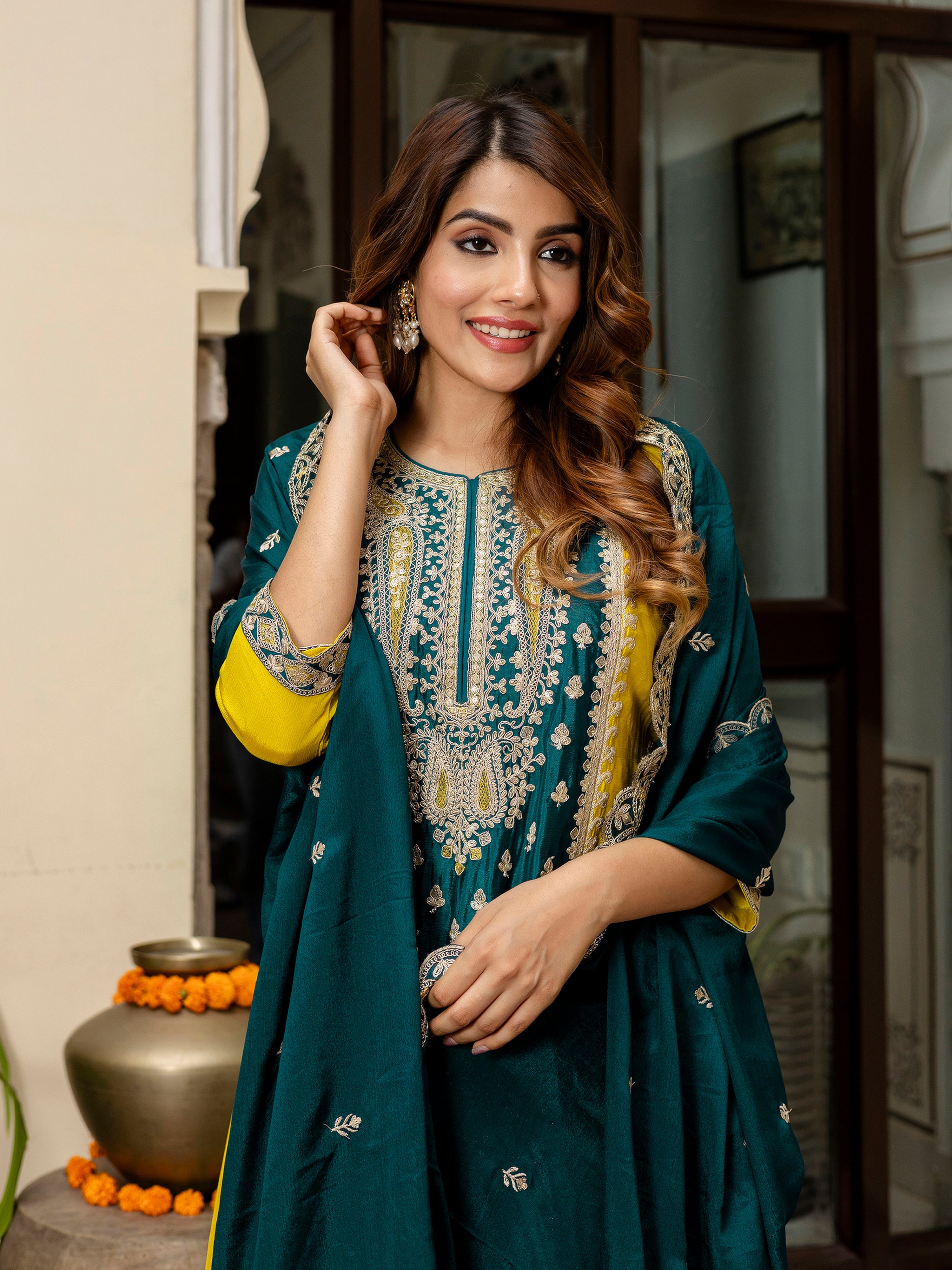 Women's Art Silk Sequins Embroidery Salwar Suit Set Kurta Sharara with Dupatta Kurta Palazzo Set Trendmallsin