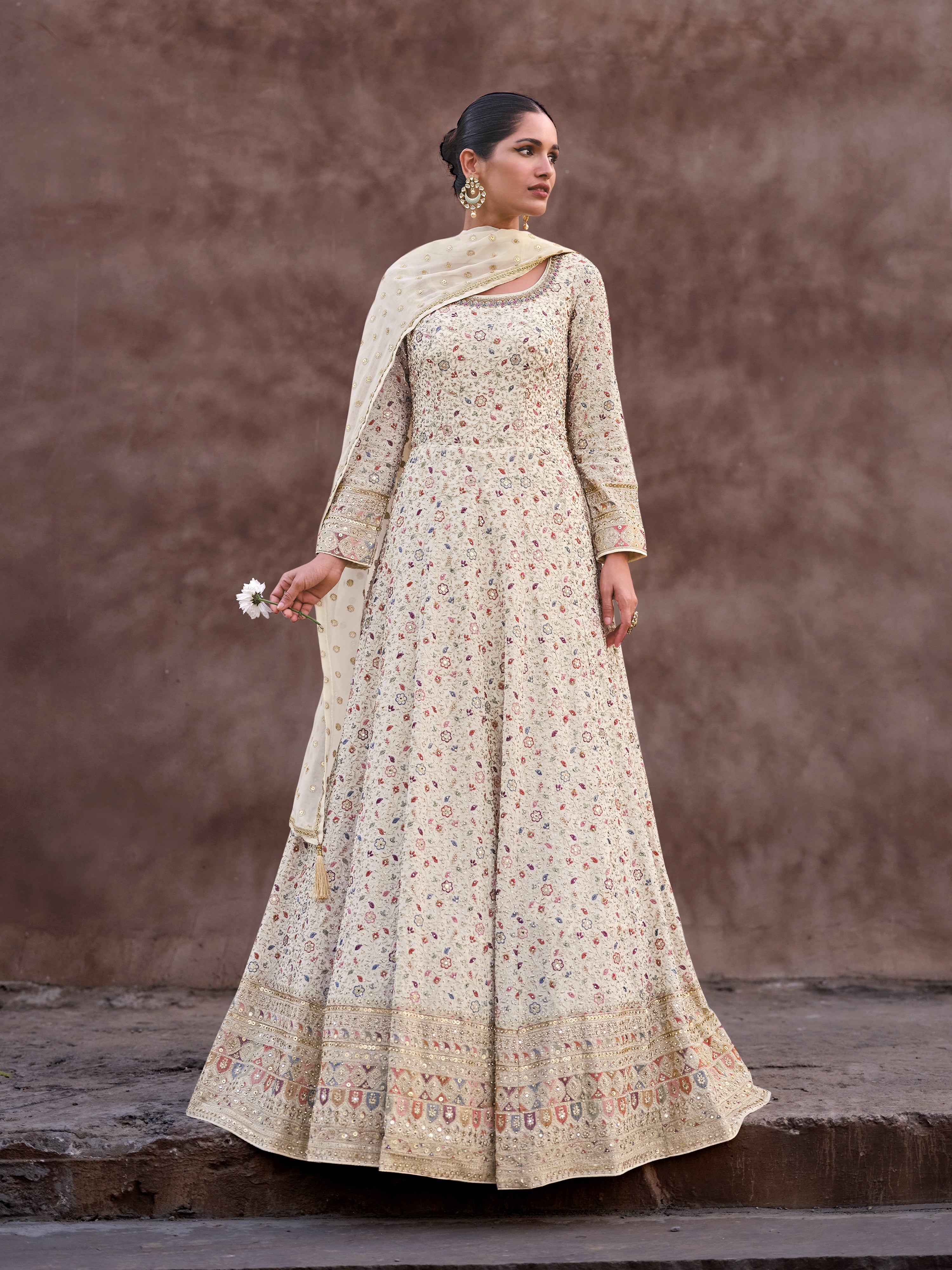 Offwhite Georgette Embroidery Sequence work Anarkali Kurta Pant Set with Dupatta for Women Trendmallsin
