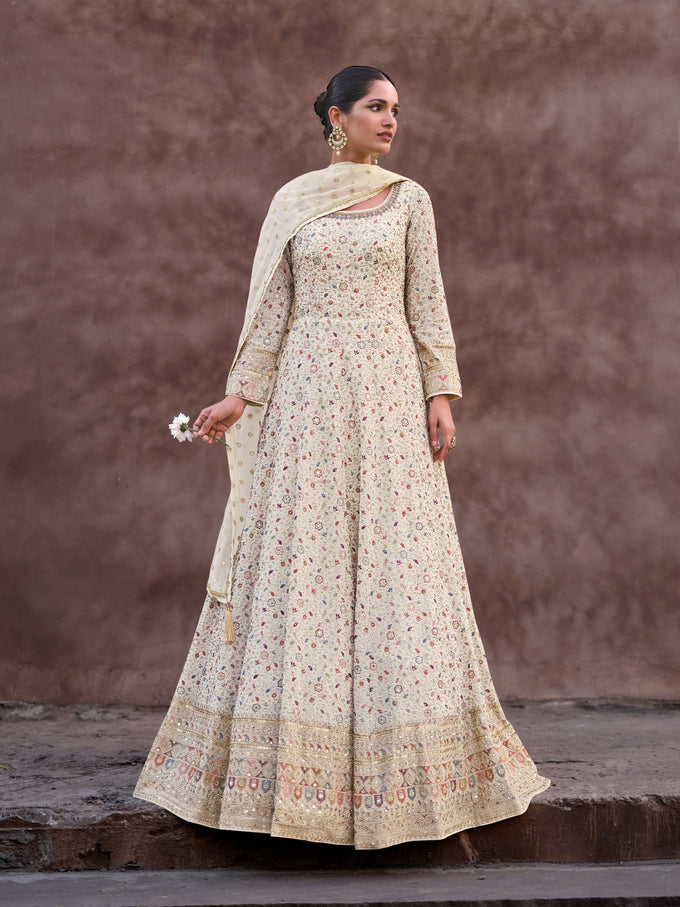 Offwhite Georgette Embroidery Sequence work Anarkali Kurta Pant Set with Dupatta for Women Trendmallsin